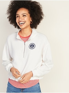 French Terry Logo-Graphic 1/4-Zip Drawstring-Hem Pullover for Women